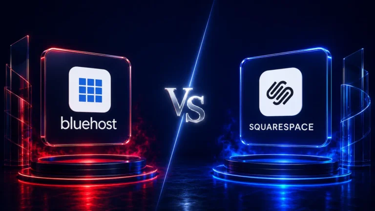 Bluehost vs Squarespace comparison showing Bluehost and Squarespace logos with website hosting, website builder, and design features in 2026