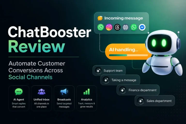ChatBooster review 2026 showing the ChatBooster logo and WhatsApp, Instagram, and Facebook chat