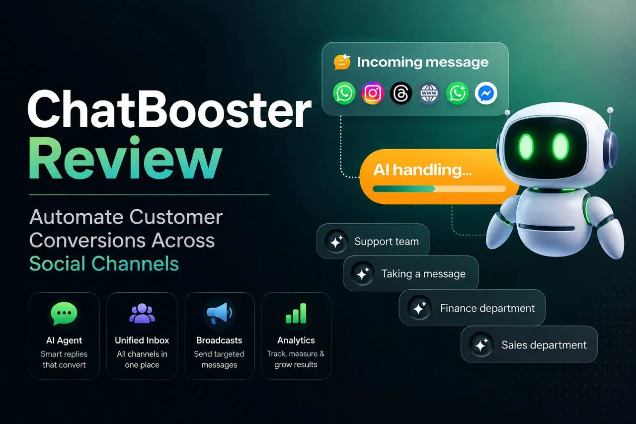 ChatBooster review 2026 showing the ChatBooster logo and WhatsApp, Instagram, and Facebook chat