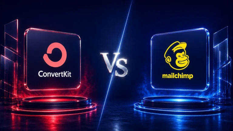 ConvertKit vs Mailchimp comparison showing the Kit and Mailchimp logos side by side for a 2026 email marketing software comparison.