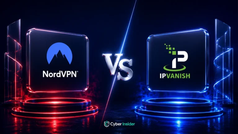IPVanish vs NordVPN comparison with two laptops, a VS shield, and secure VPN dashboard interfaces.
