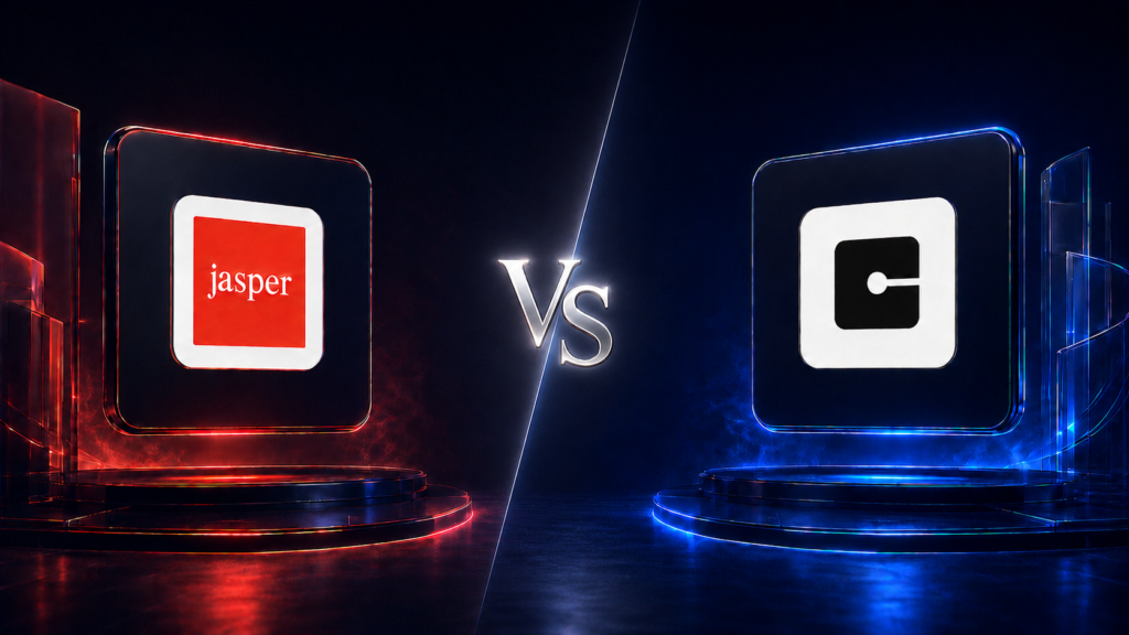 Jasper vs Copy.ai comparison showing the logos of Jasper AI and Copy.ai side by side in a 2026 AI writing tool comparison.