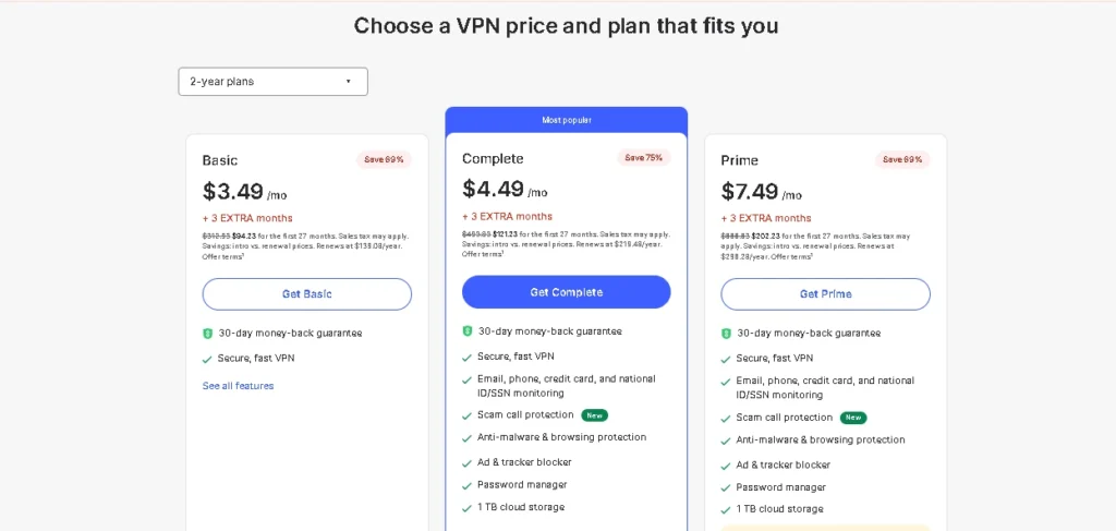 NordVPN pricing table