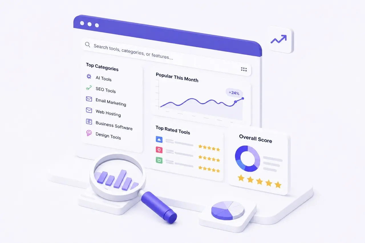 Illustration of a software review dashboard with a five-star rating