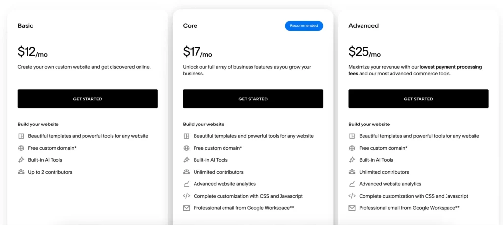 Squarespace pricing table