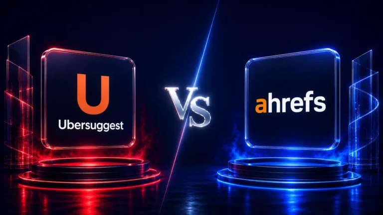 Ubersuggest vs Ahrefs comparison showing the official Ubersuggest and Ahrefs logos with SEO tools, keyword research, backlink analysis, and site audit features in 2026